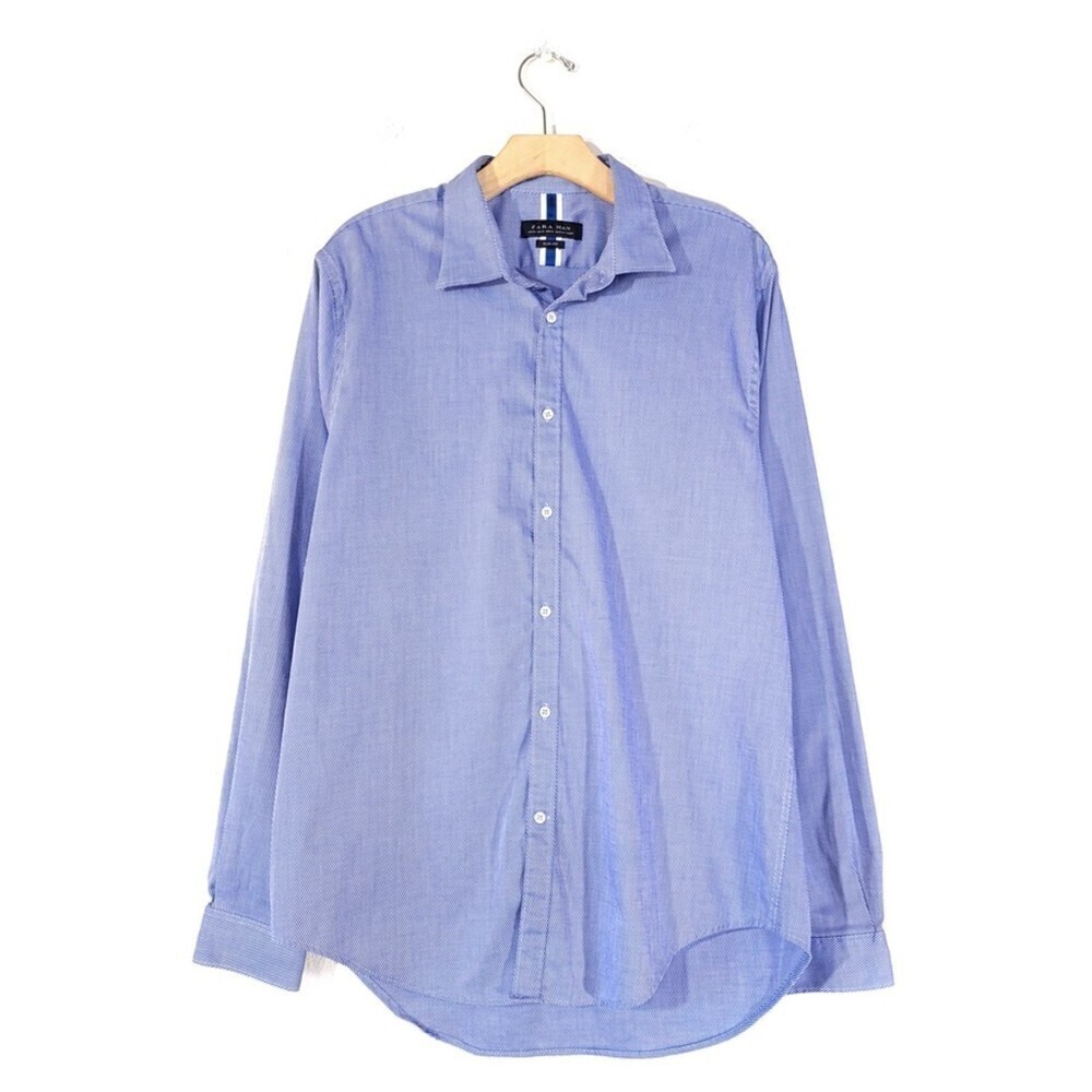 ZARA MAN Slim Flit Long Sleeve Button Down Dress Shirt Career Business Blue XL